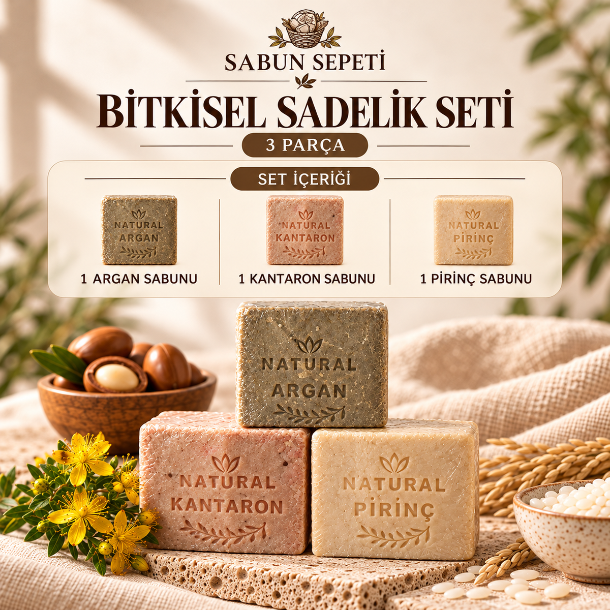 Argan Kantaron ve Pirinç Sabunu Seti 3 Parça