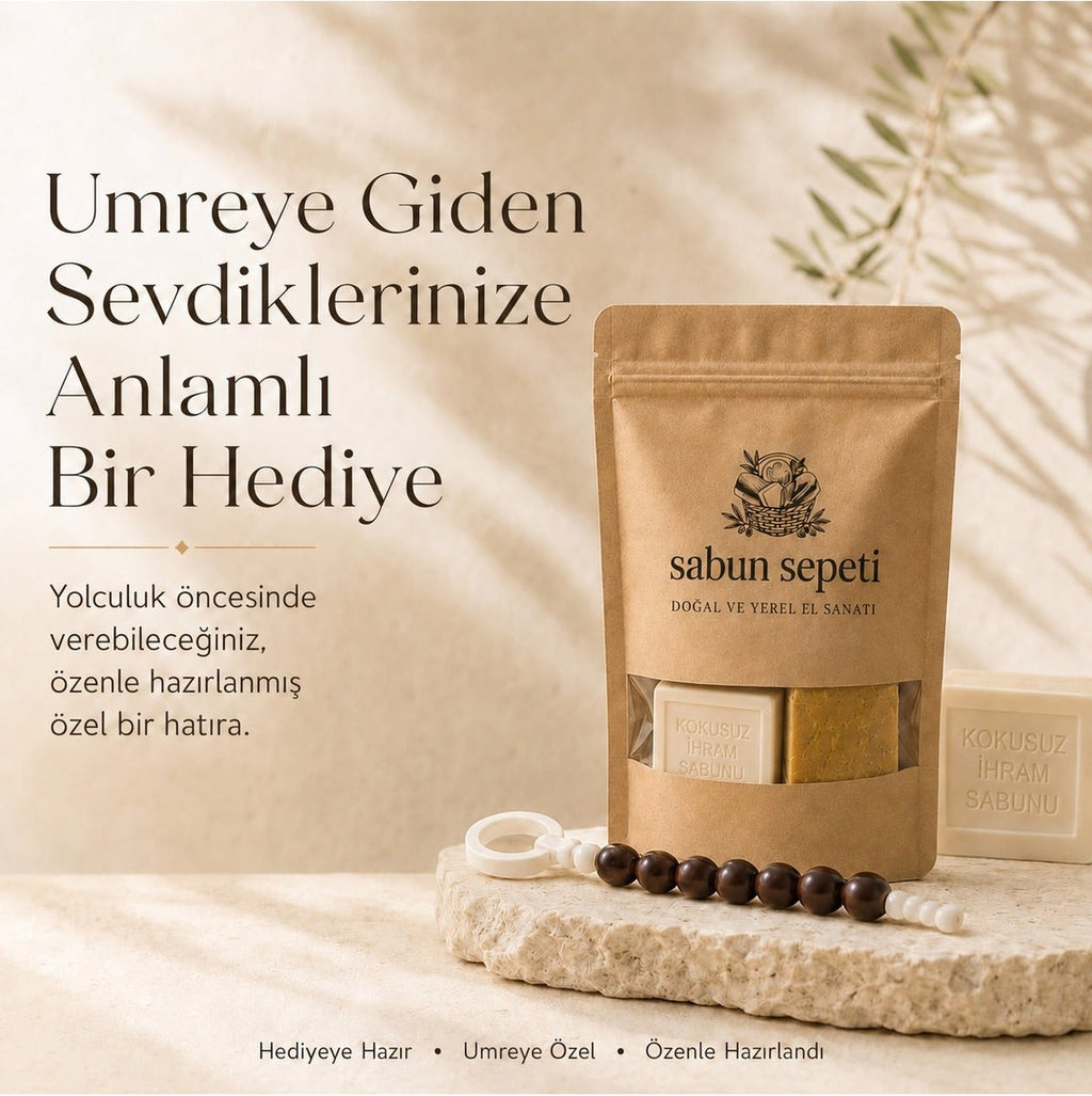 Umre dönüşü hediyesi zeytinyağlı sabun seti, ambalaj detayı