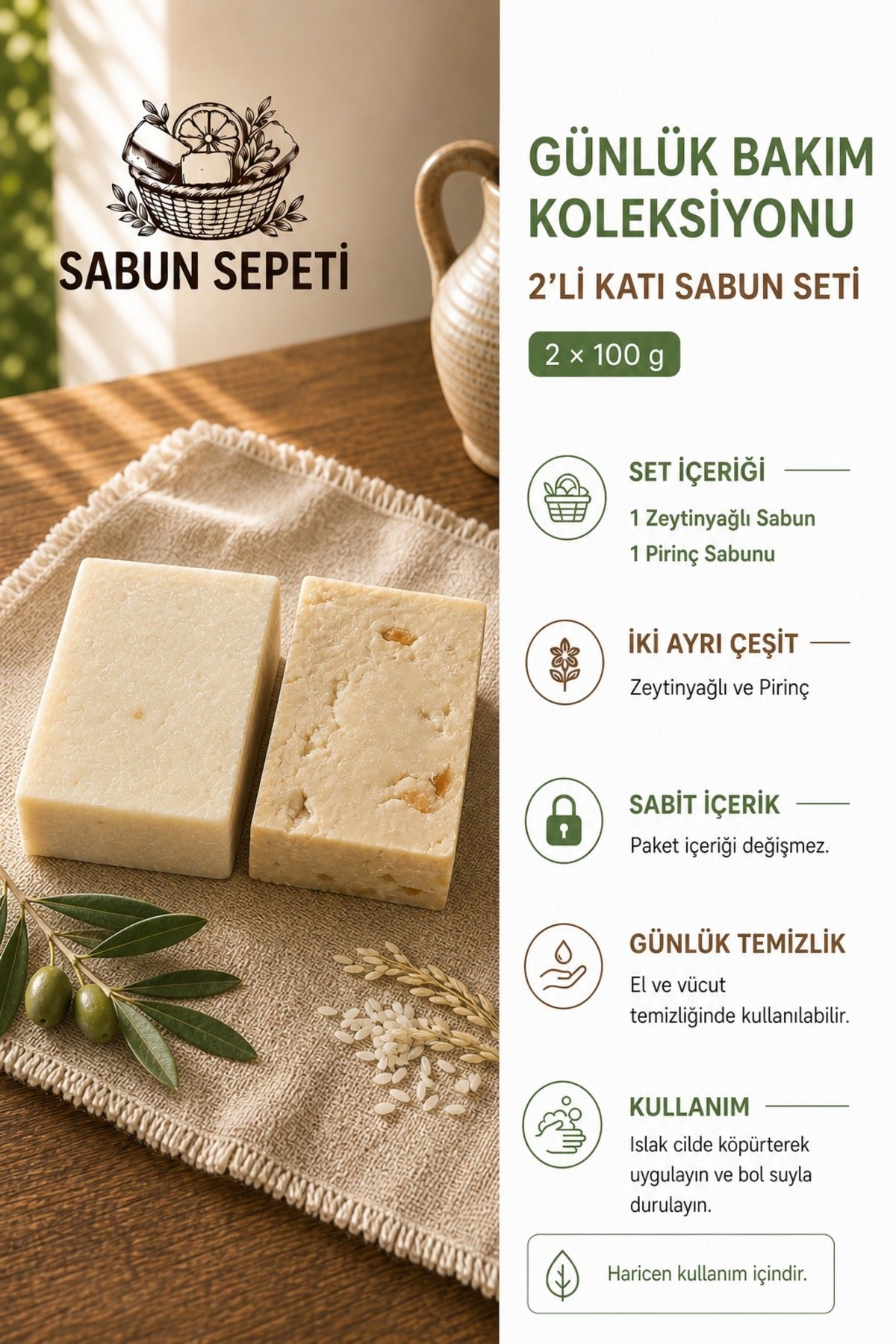 Zeytinyağlı ve Pirinç 2'li sabun seti yakın çekim