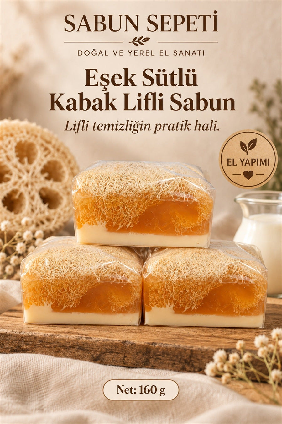 El yapımı eşek sütlü kabak lifli sabun 160 g